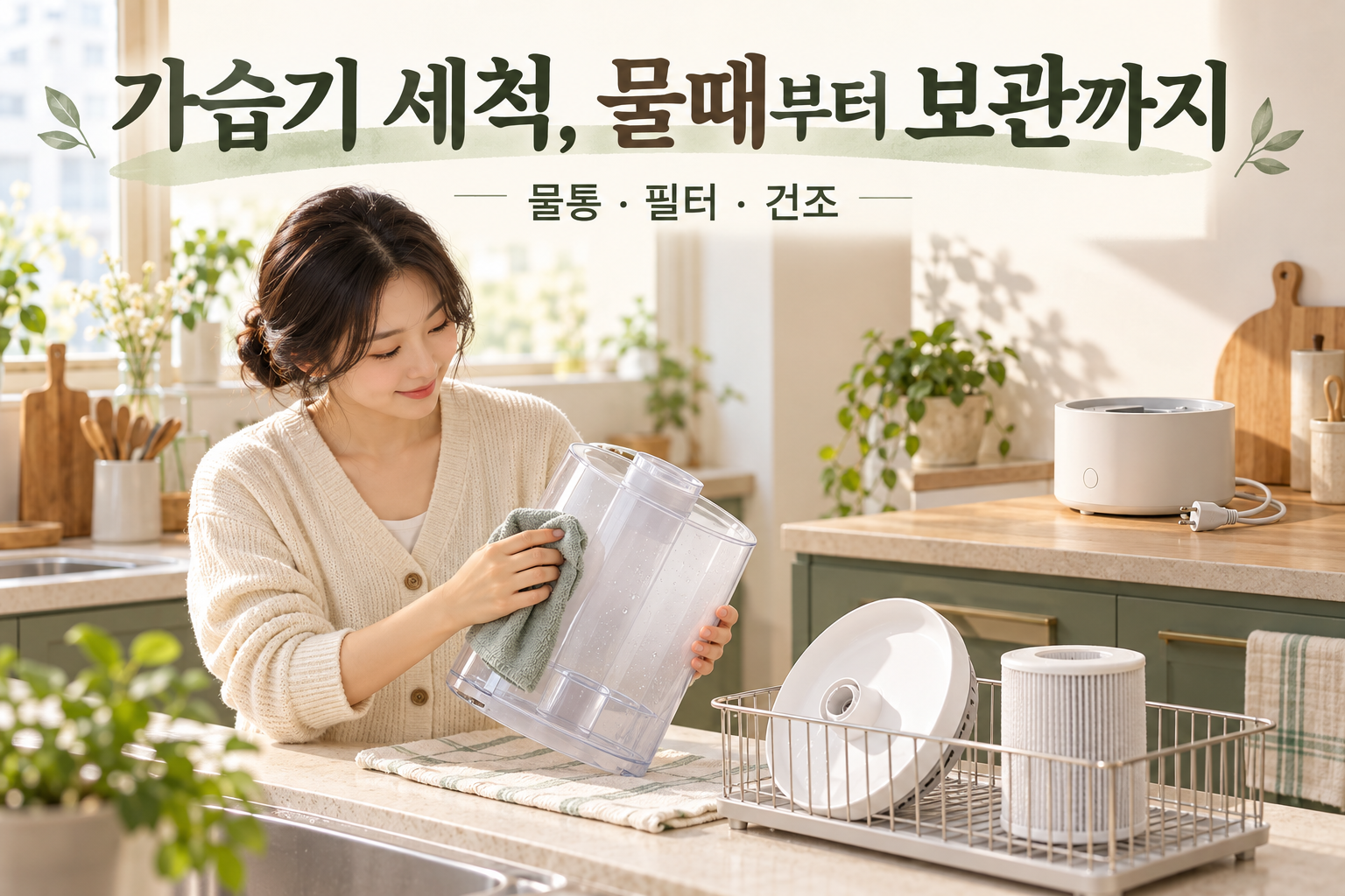 분리한 가습기 물통을 닦고 부품을 말리는 AI 제작 이미지