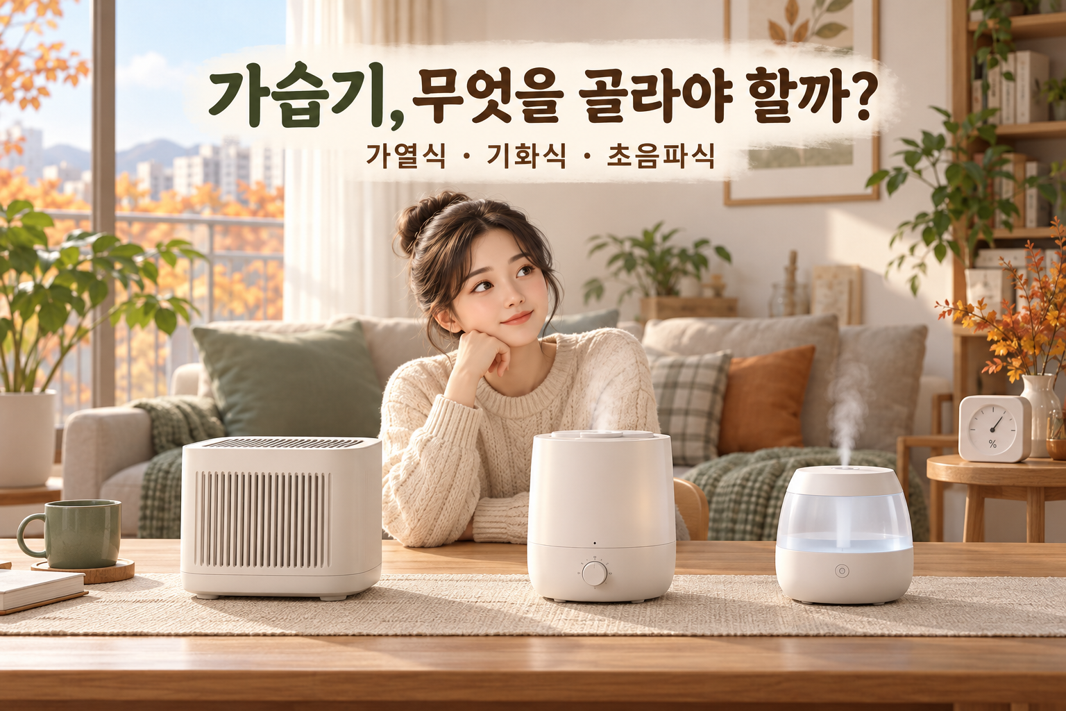 가열식·기화식·초음파식 가습기 선택을 설명하는 AI 제작 이미지