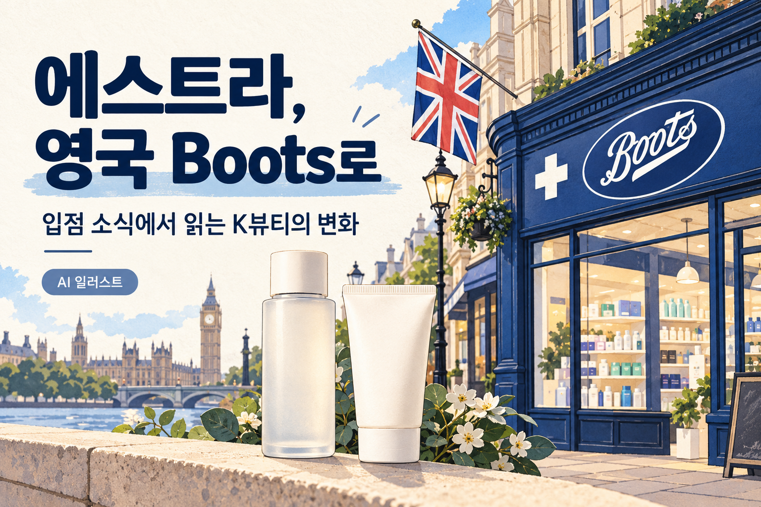 에스트라의 영국 Boots 입점을 설명하는 AI 표지 일러스트