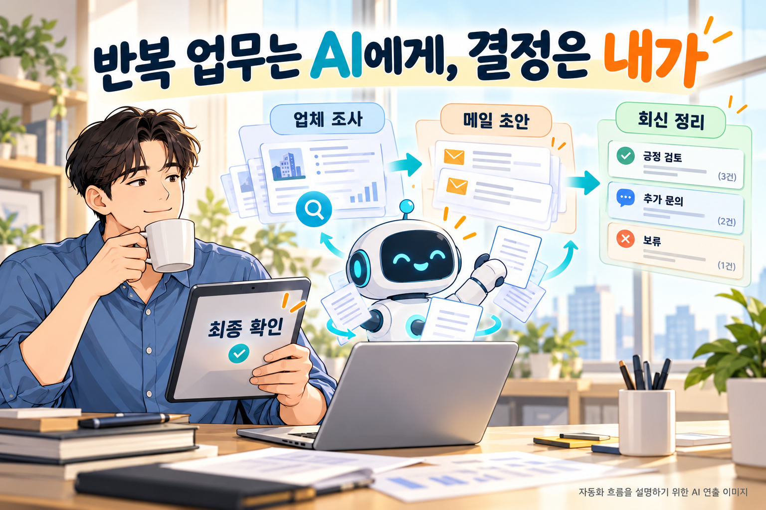 업체 조사, 메일 초안, 회신 정리는 AI가 돕고 최종 결정은 사람이 하는 흐름